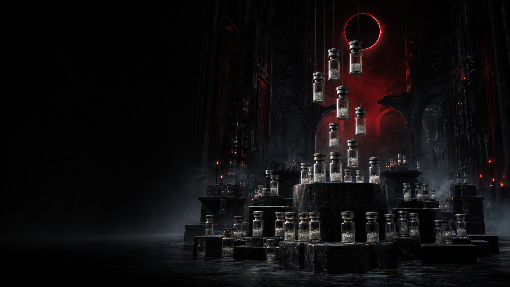 Sealed laboratory vials displayed throughout a dark vaulted archive